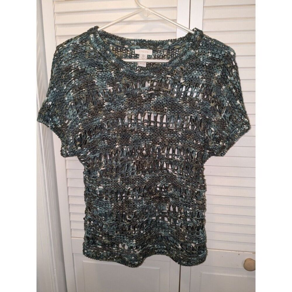 Chico's Lt Blue Gray White Open Weave Short Sleeve Sweater 0 S 4